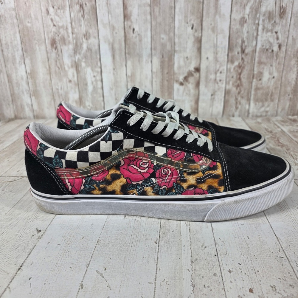 Vans Old Skool Mens 13 Floral Leopard Checkerboard Black Suede Skate Shoes